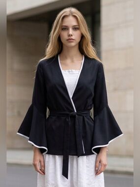 Zara Black Wrap Top with White Trim and Bell Sleeves